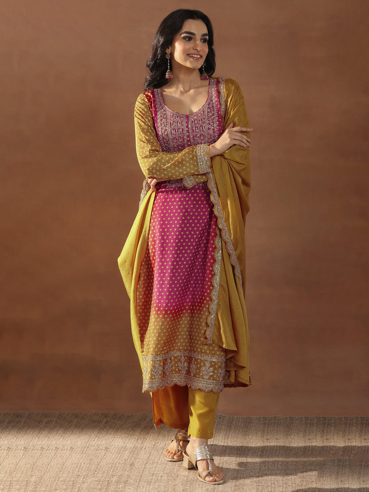 Libas Mustard Printed Silk Blend Straight Suit Set With Dupatta