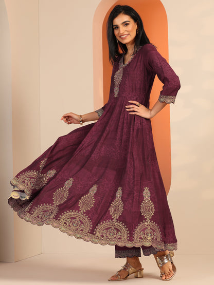 Libas Maroon Printed Silk Blend Anarkali Suit Set With Dupatta