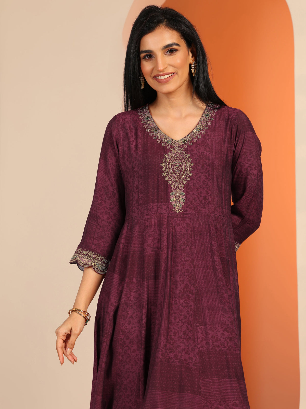 Libas Maroon Printed Silk Blend Anarkali Suit Set With Dupatta