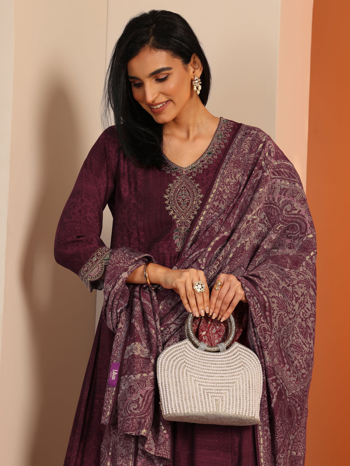 Libas Maroon Printed Silk Blend Anarkali Suit Set With Dupatta