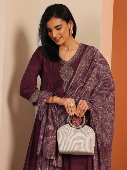 Libas Maroon Printed Silk Blend Anarkali Suit Set With Dupatta