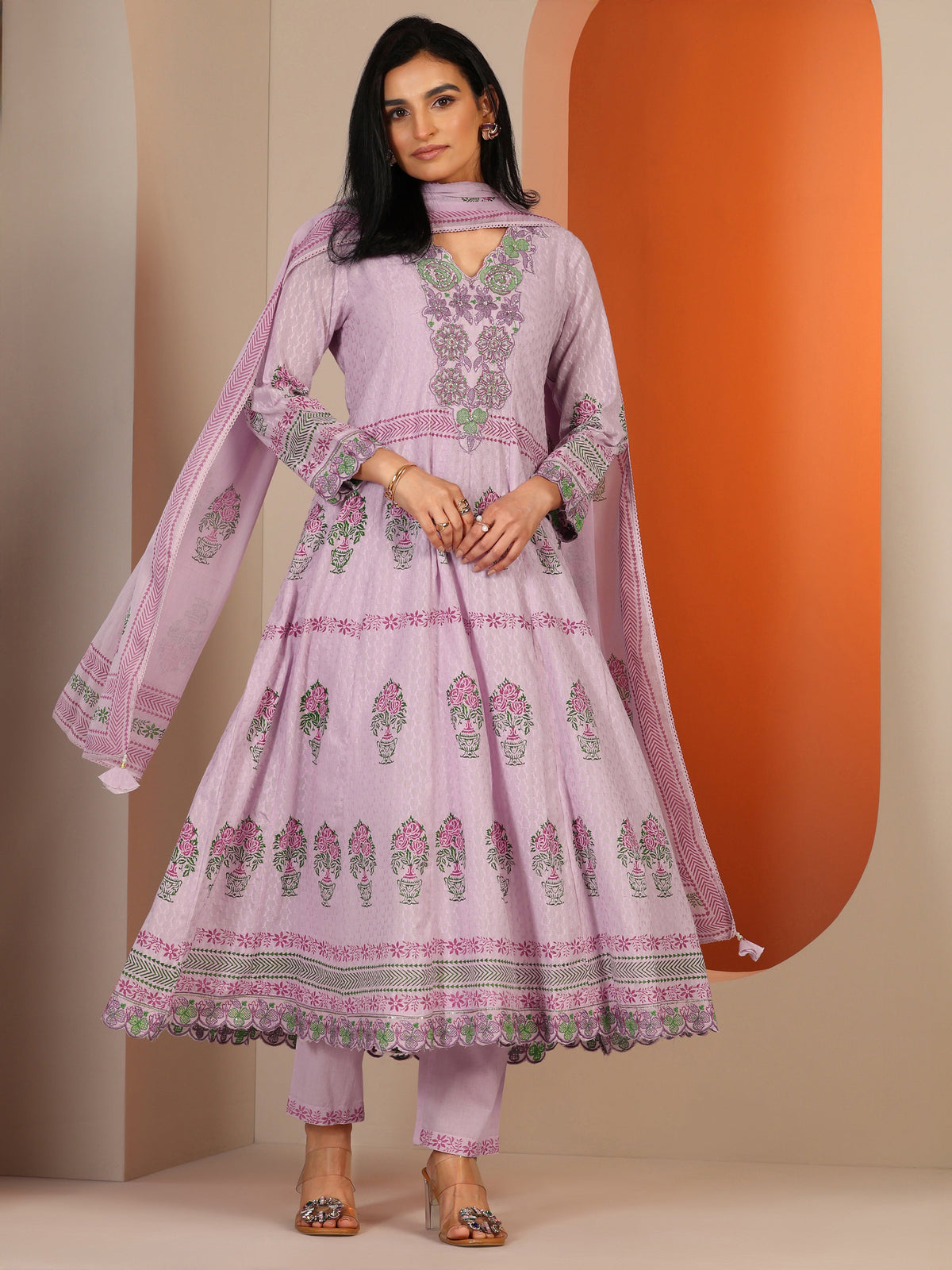Libas Lavender Printed Cotton Anarkali Suit Set With Dupatta
