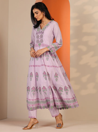 Libas Lavender Printed Cotton Anarkali Suit Set With Dupatta