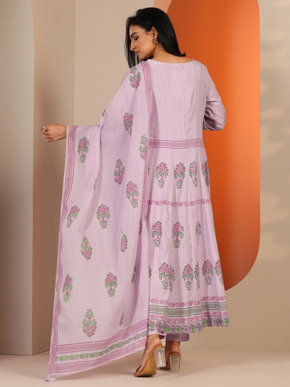 Libas Lavender Printed Cotton Anarkali Suit Set With Dupatta