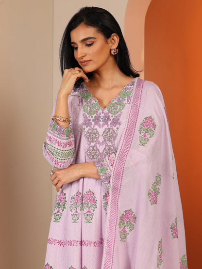 Libas Lavender Printed Cotton Anarkali Suit Set With Dupatta