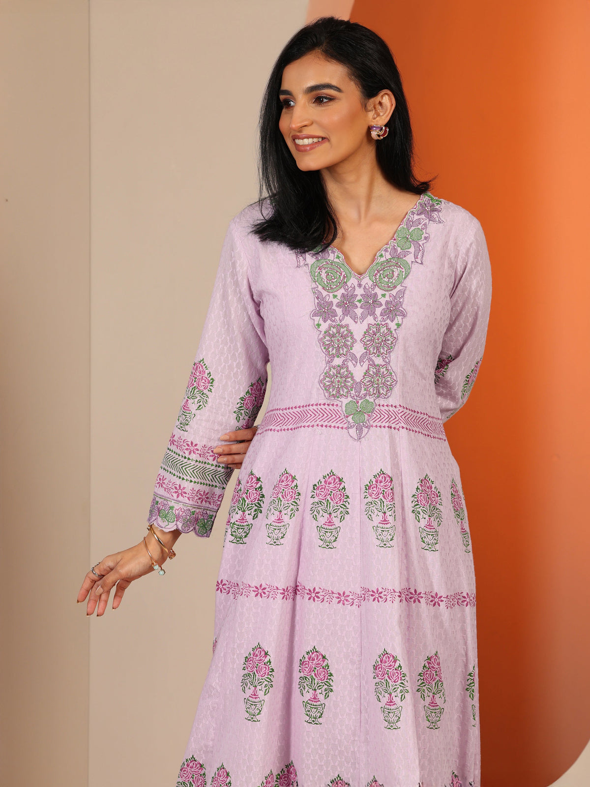 Libas Lavender Printed Cotton Anarkali Suit Set With Dupatta