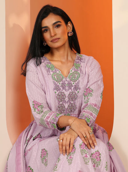 Libas Lavender Printed Cotton Anarkali Suit Set With Dupatta