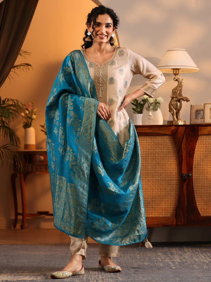 Libas Off White Woven Design Silk Blend Straight Suit Set With Dupatta