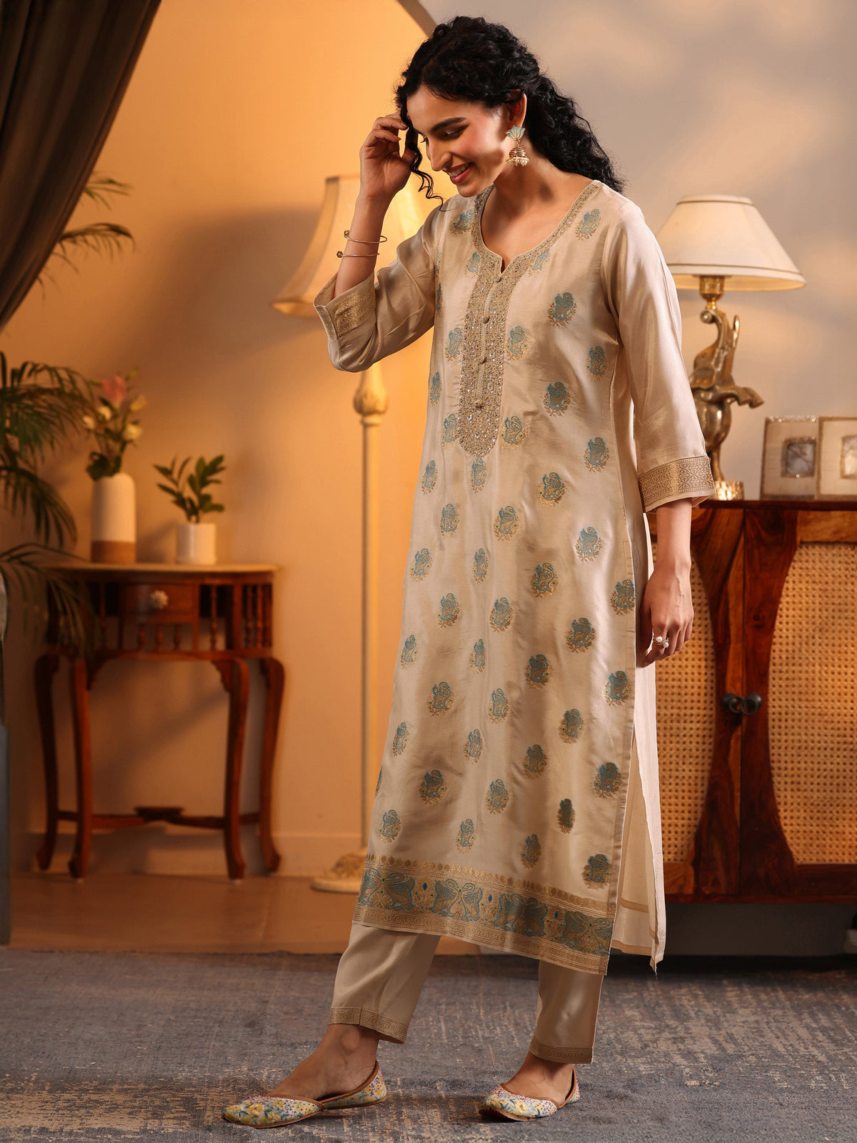 Libas Off White Woven Design Silk Blend Straight Suit Set With Dupatta