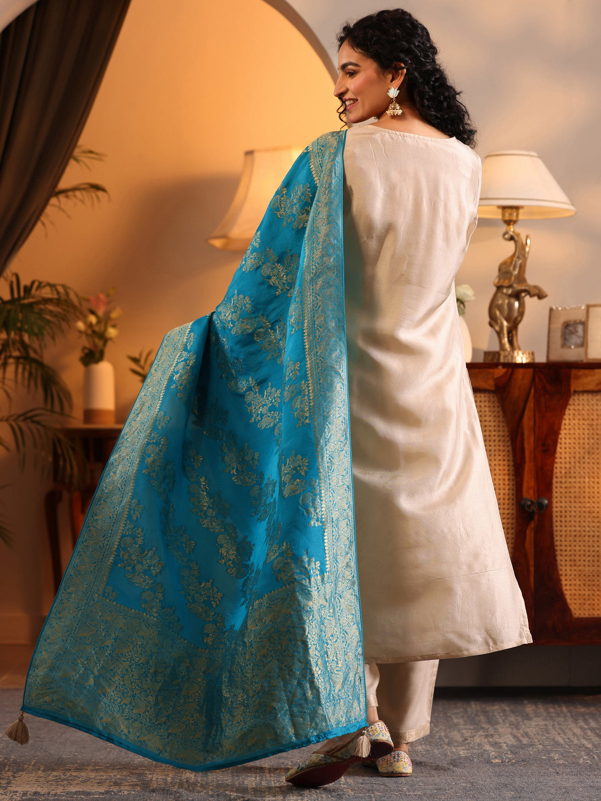 Libas Off White Woven Design Silk Blend Straight Suit Set With Dupatta