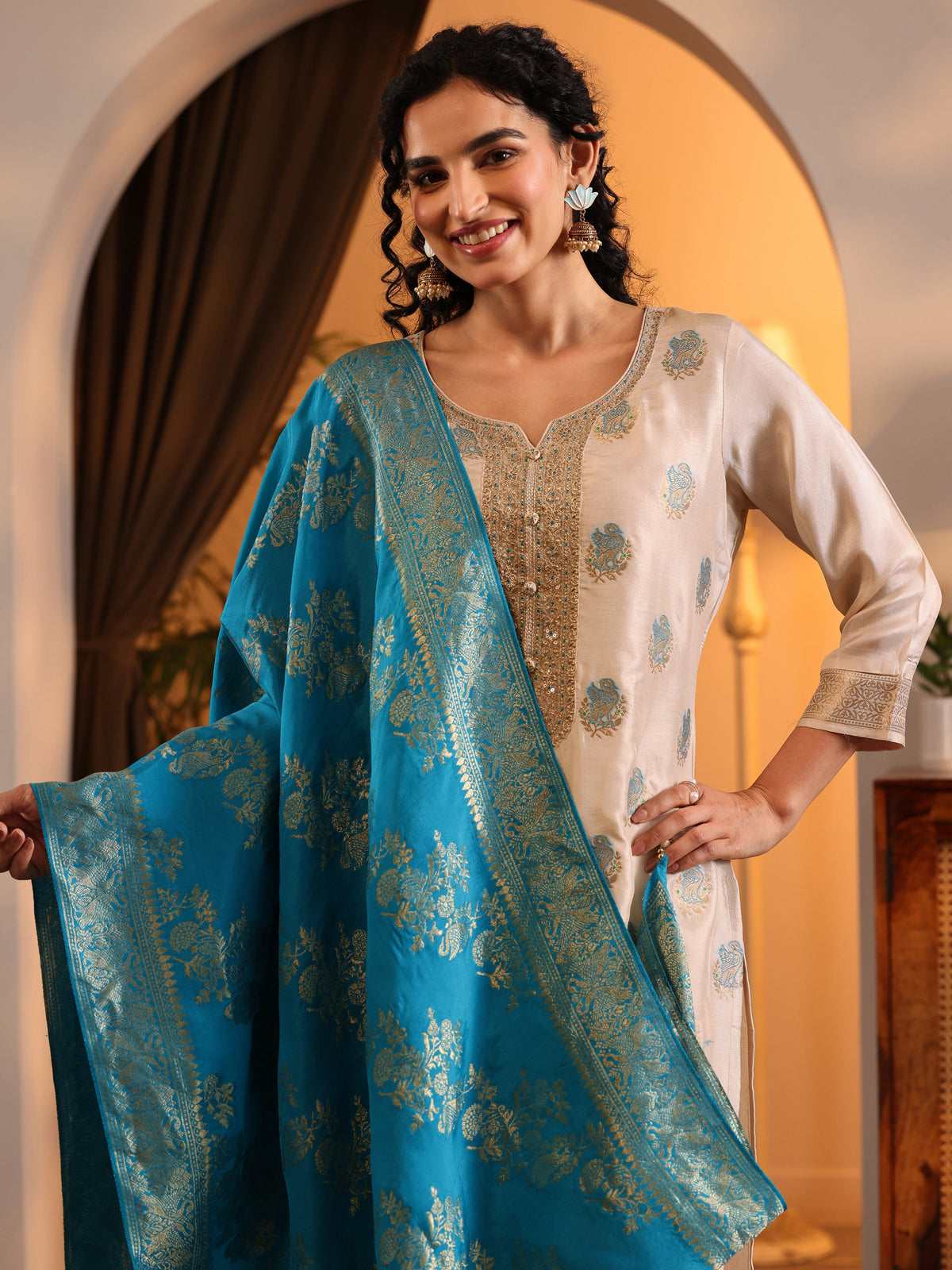 Libas Off White Woven Design Silk Blend Straight Suit Set With Dupatta