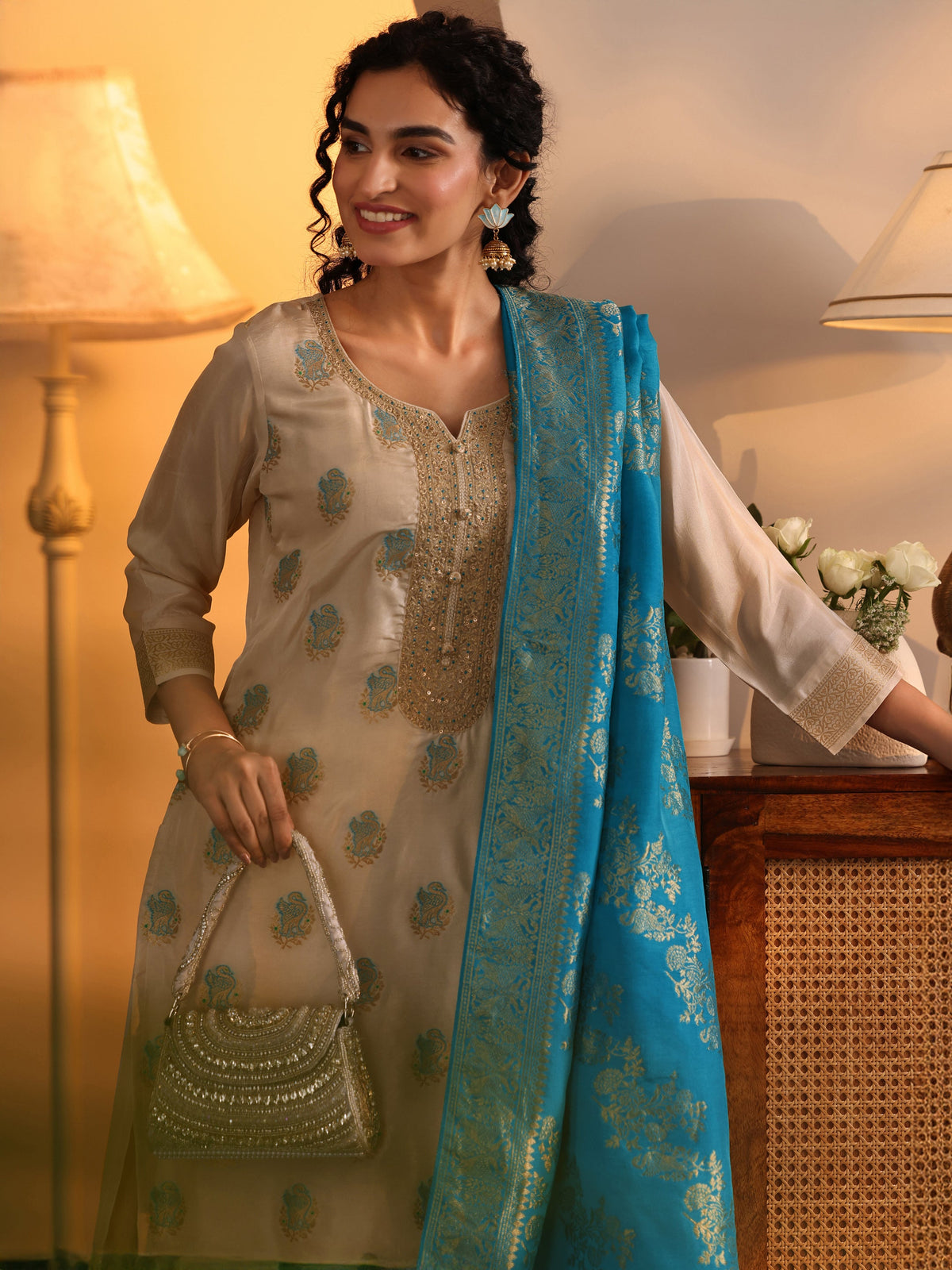 Libas Off White Woven Design Silk Blend Straight Suit Set With Dupatta