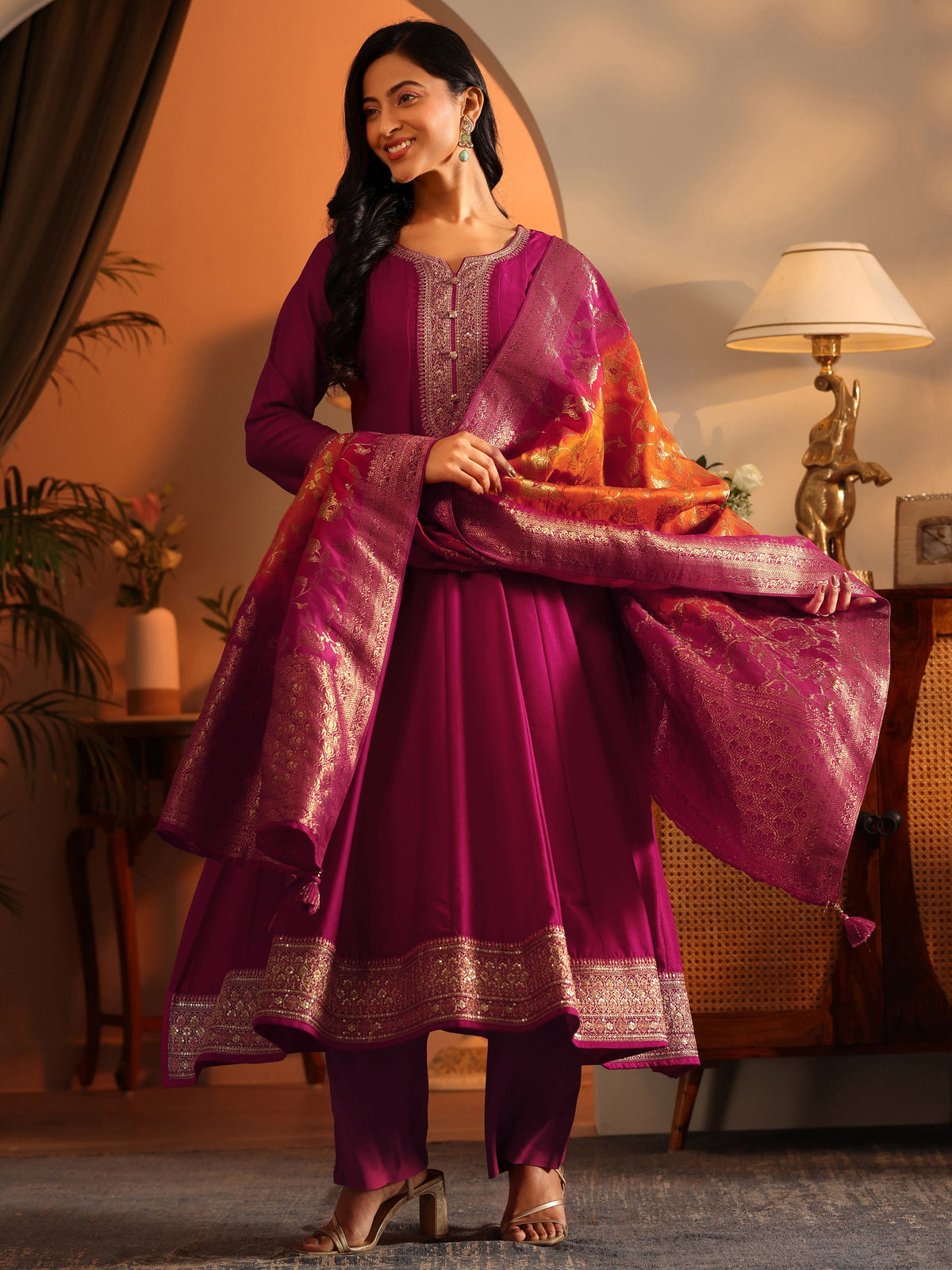 Libas Magenta Woven Design Silk Blend Anarkali Suit Set With Dupatta
