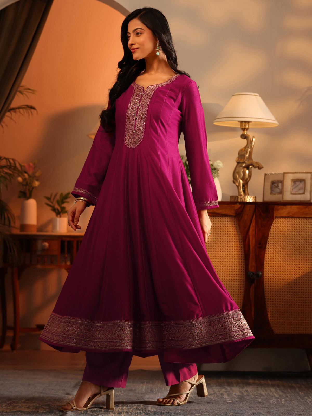 Libas Magenta Woven Design Silk Blend Anarkali Suit Set With Dupatta