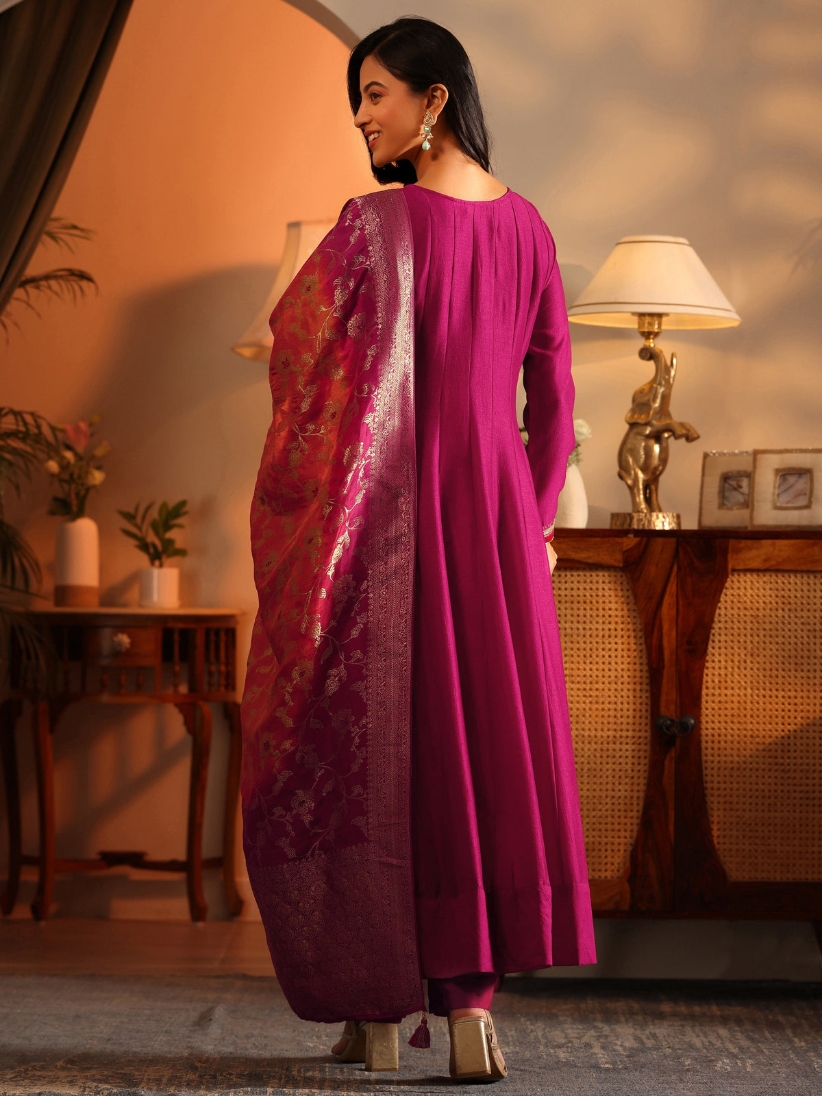 Libas Magenta Woven Design Silk Blend Anarkali Suit Set With Dupatta