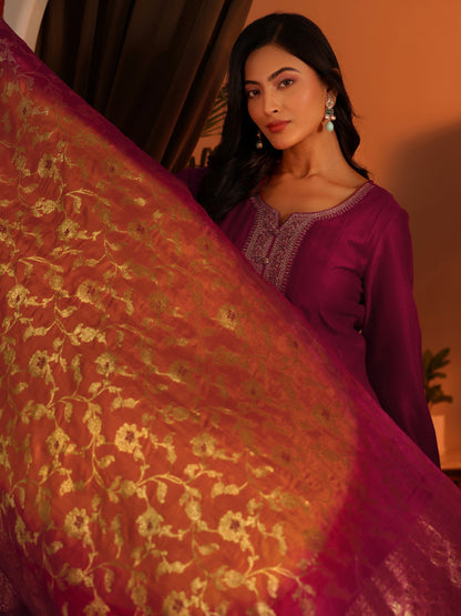 Libas Magenta Woven Design Silk Blend Anarkali Suit Set With Dupatta