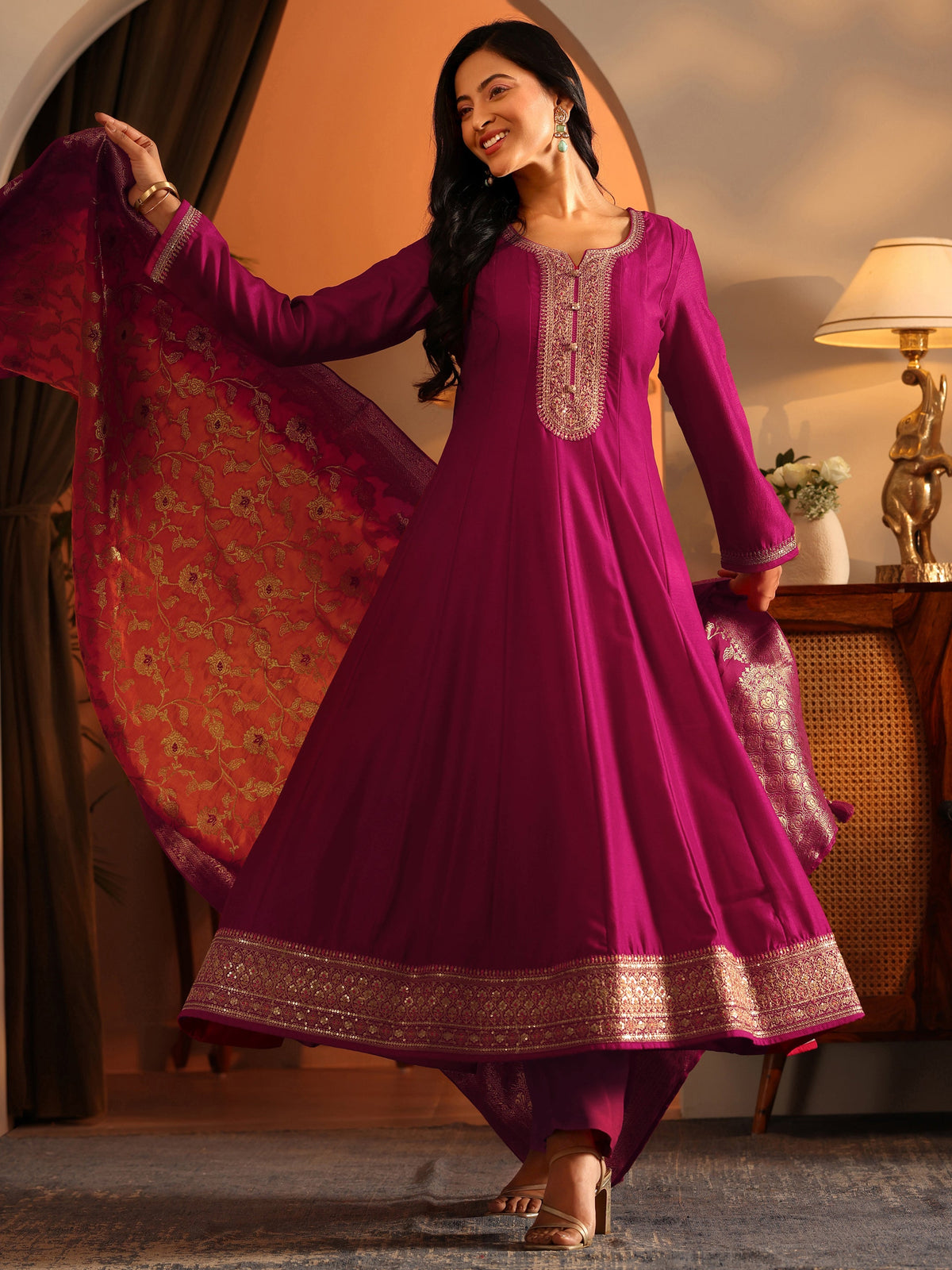 Libas Magenta Woven Design Silk Blend Anarkali Suit Set With Dupatta