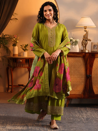Libas Lime Green Embroidered Silk Blend Anarkali Suit Set With Dupatta
