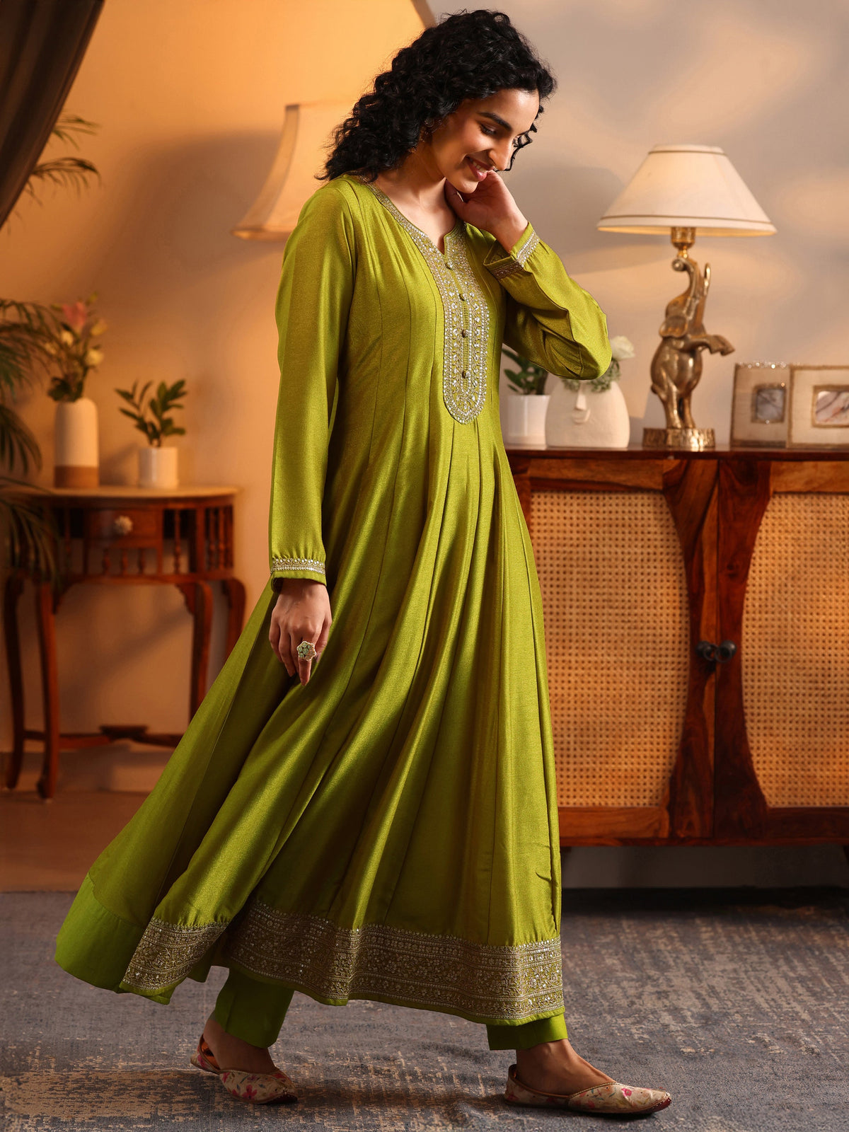 Libas Lime Green Embroidered Silk Blend Anarkali Suit Set With Dupatta