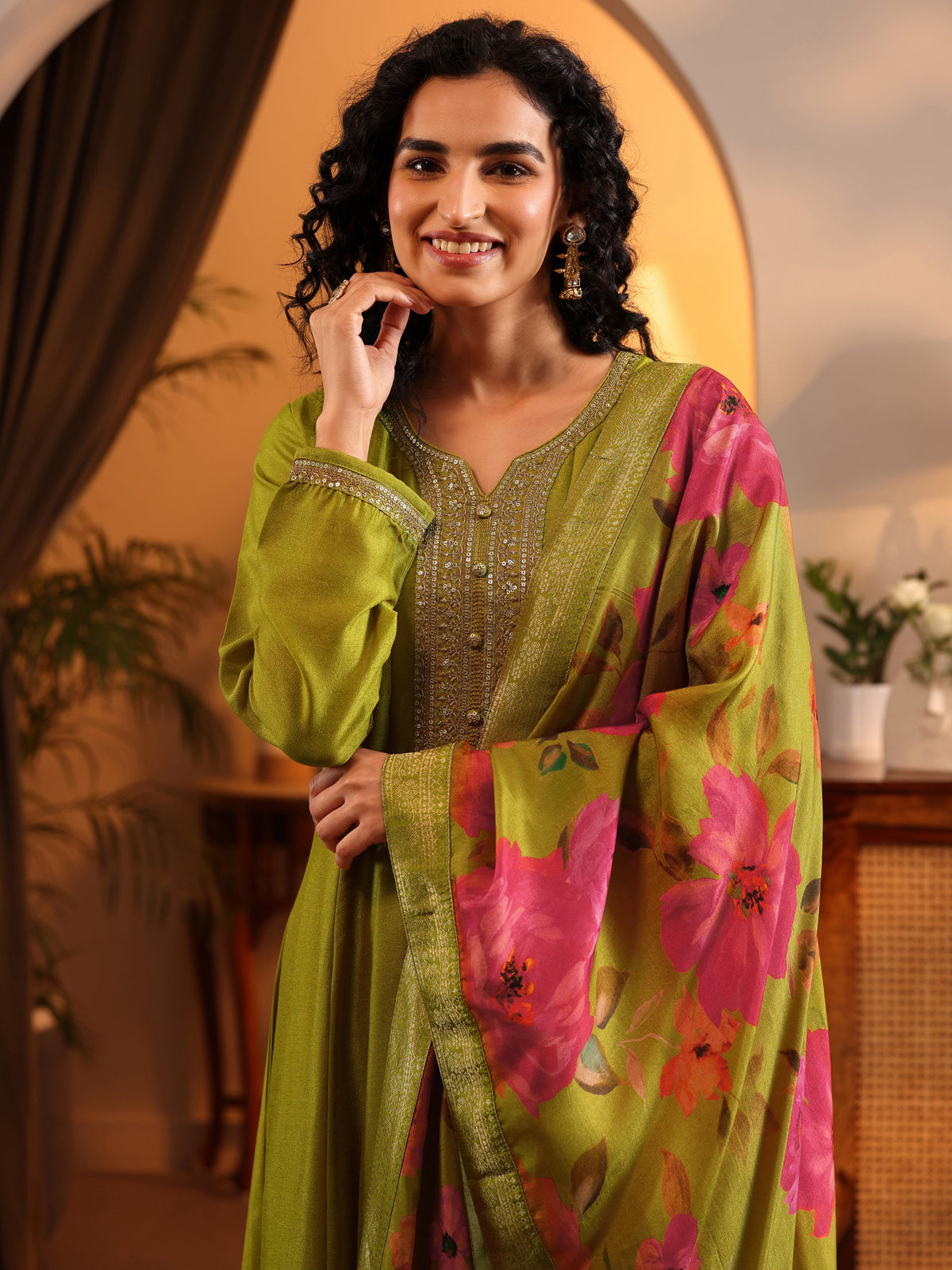 Libas Lime Green Embroidered Silk Blend Anarkali Suit Set With Dupatta