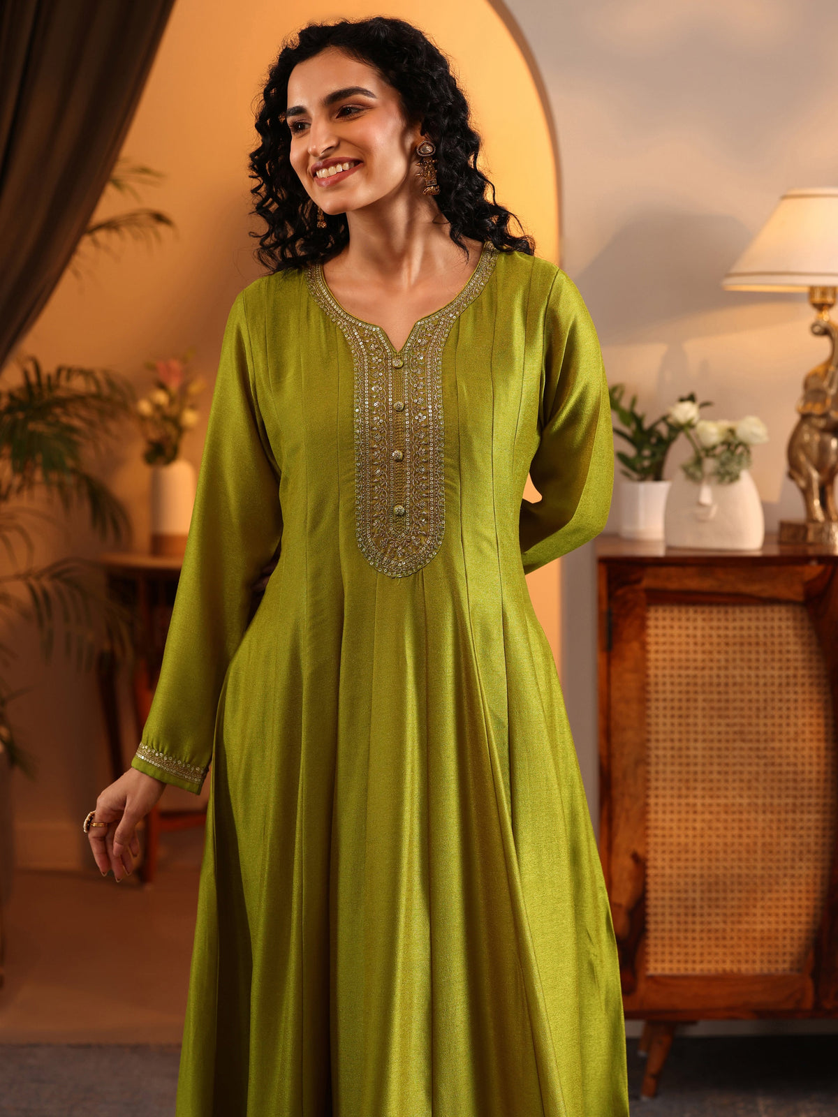 Libas Lime Green Embroidered Silk Blend Anarkali Suit Set With Dupatta