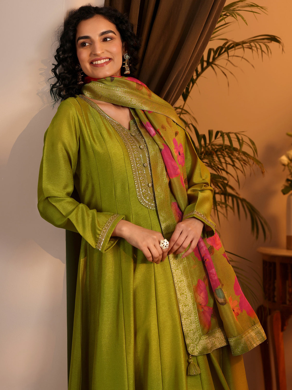 Libas Lime Green Embroidered Silk Blend Anarkali Suit Set With Dupatta