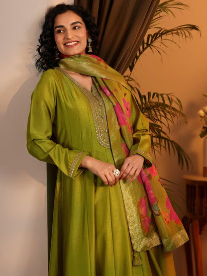 Libas Lime Green Embroidered Silk Blend Anarkali Suit Set With Dupatta