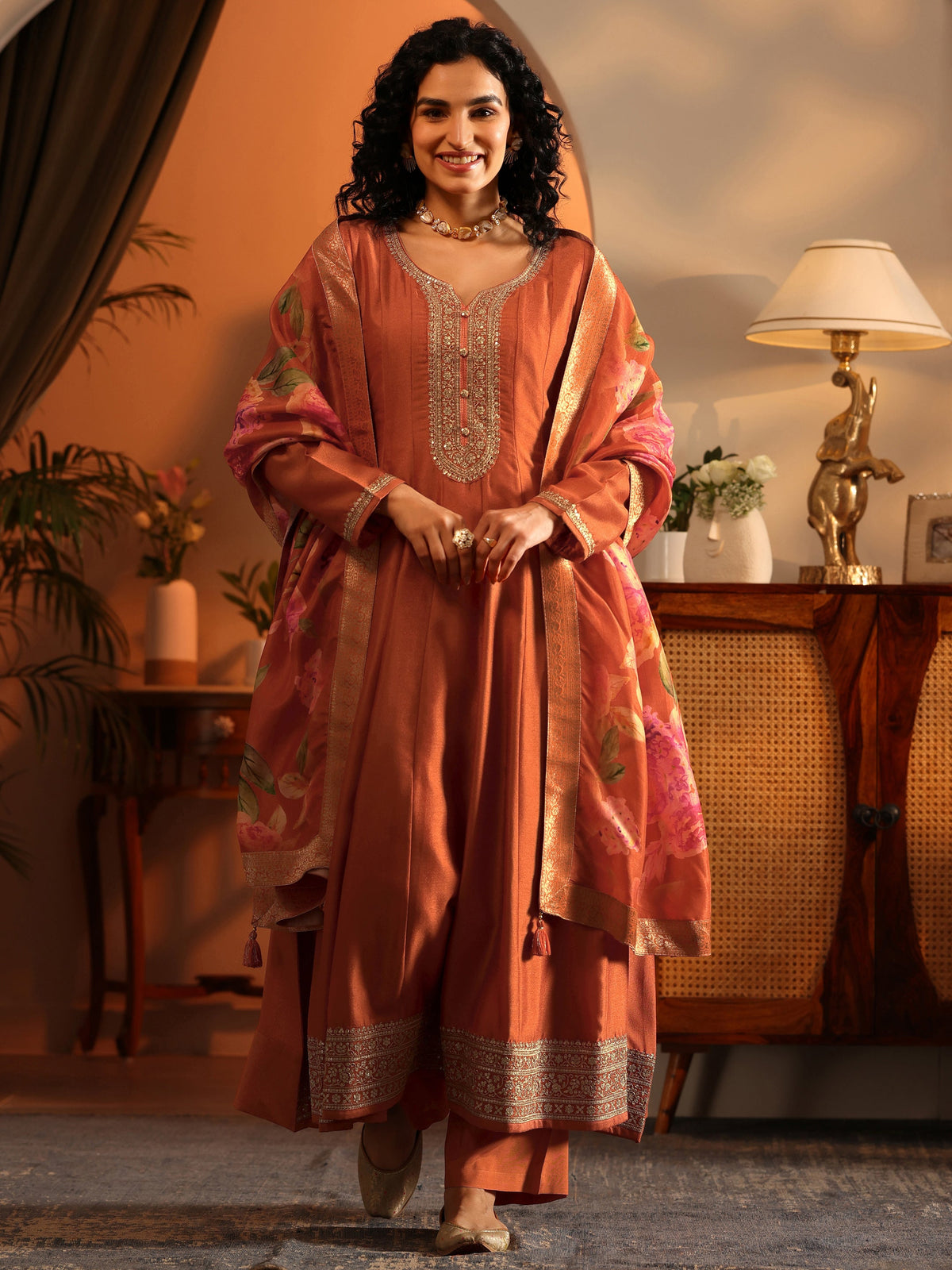 Libas Orange Embroidered Silk Blend Anarkali Suit Set With Dupatta