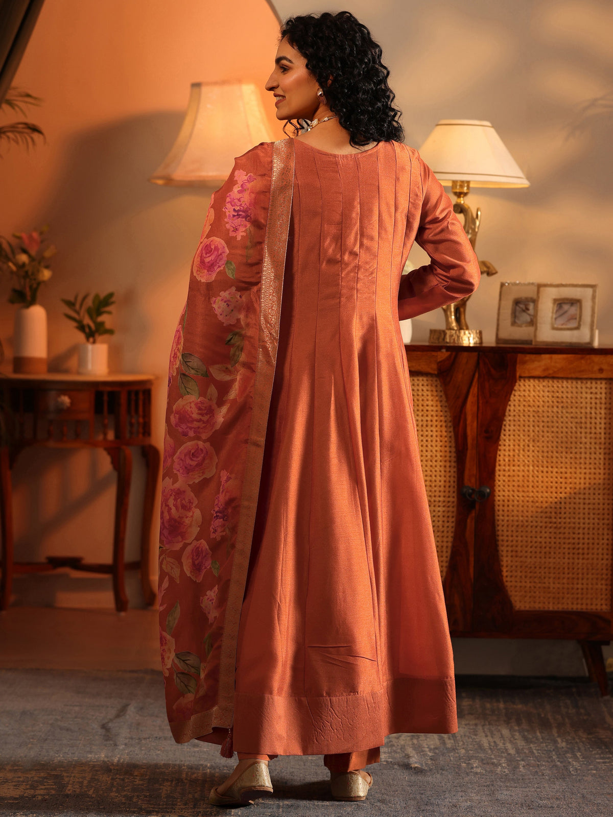 Libas Orange Embroidered Silk Blend Anarkali Suit Set With Dupatta