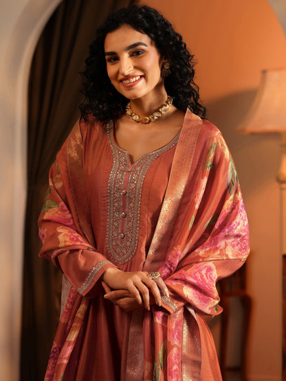 Libas Orange Embroidered Silk Blend Anarkali Suit Set With Dupatta