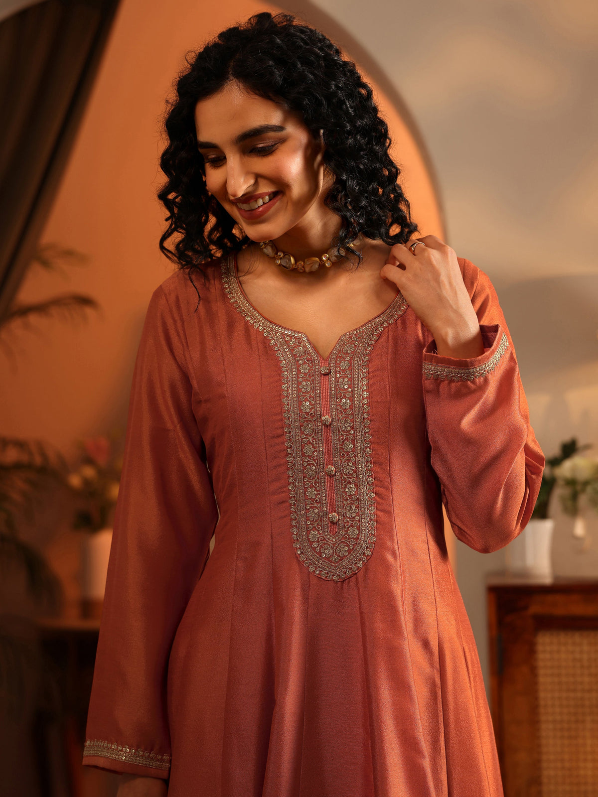 Libas Orange Embroidered Silk Blend Anarkali Suit Set With Dupatta