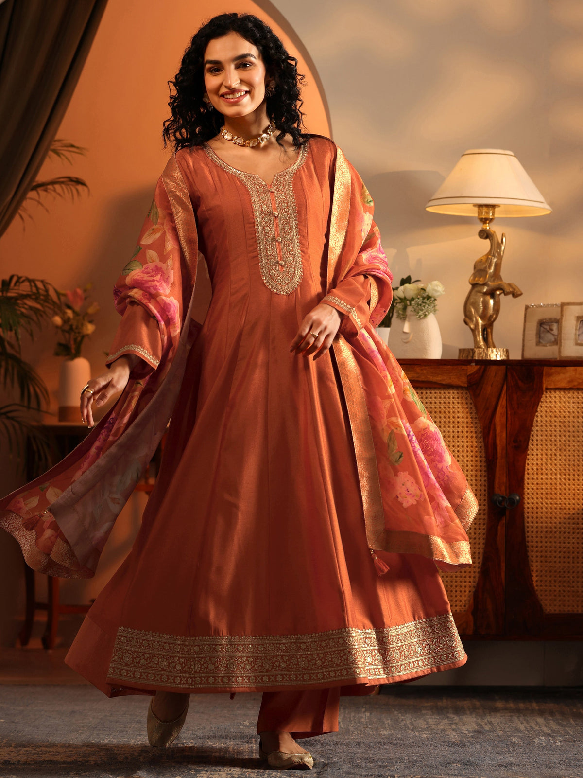 Libas Orange Embroidered Silk Blend Anarkali Suit Set With Dupatta