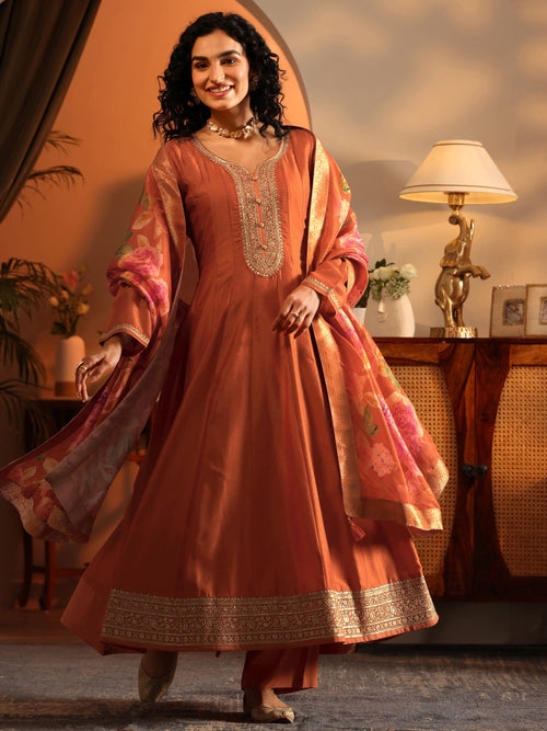 Libas Orange Embroidered Silk Blend Anarkali Suit Set With Dupatta