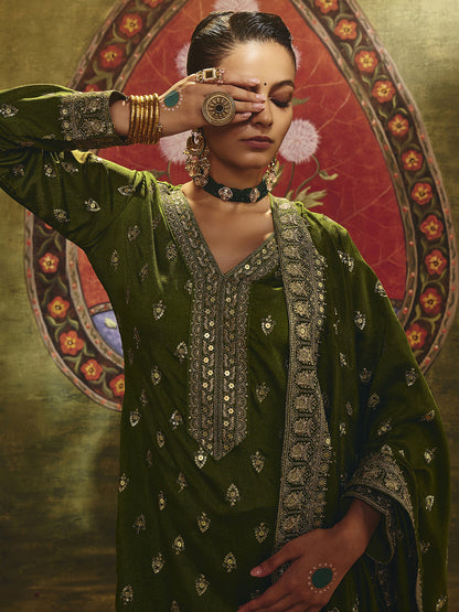 Libas Ira Olive Embroidered Silk Blend Straight Suit Set With Dupatta