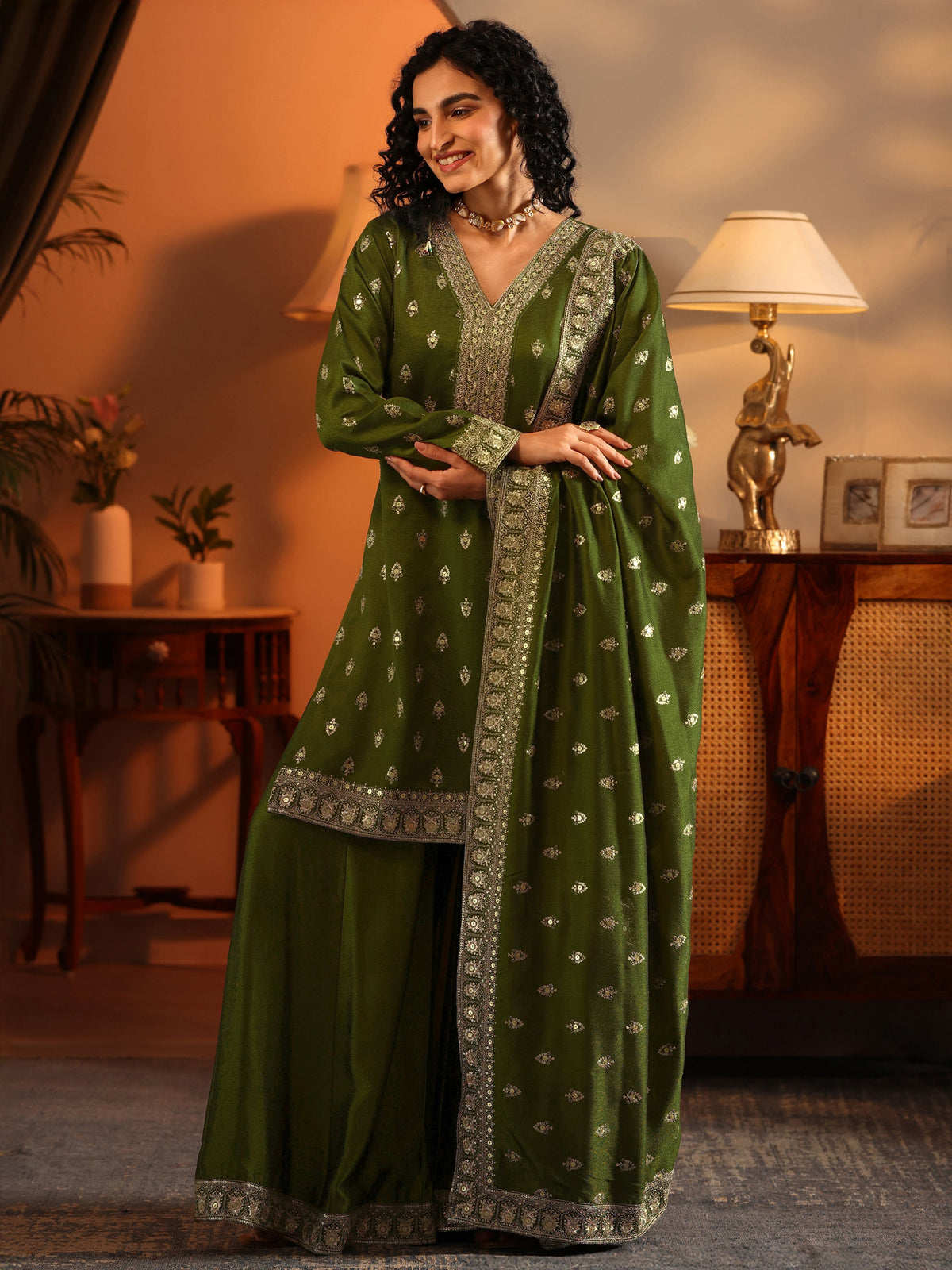 Libas Ira Olive Embroidered Silk Blend Straight Suit Set With Dupatta