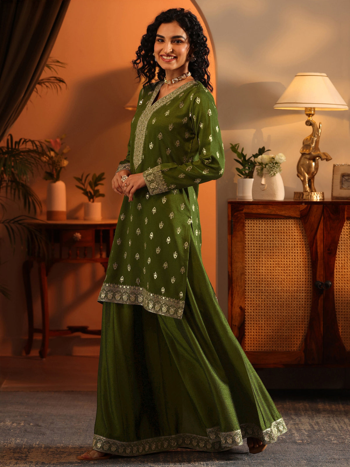 Libas Ira Olive Embroidered Silk Blend Straight Suit Set With Dupatta