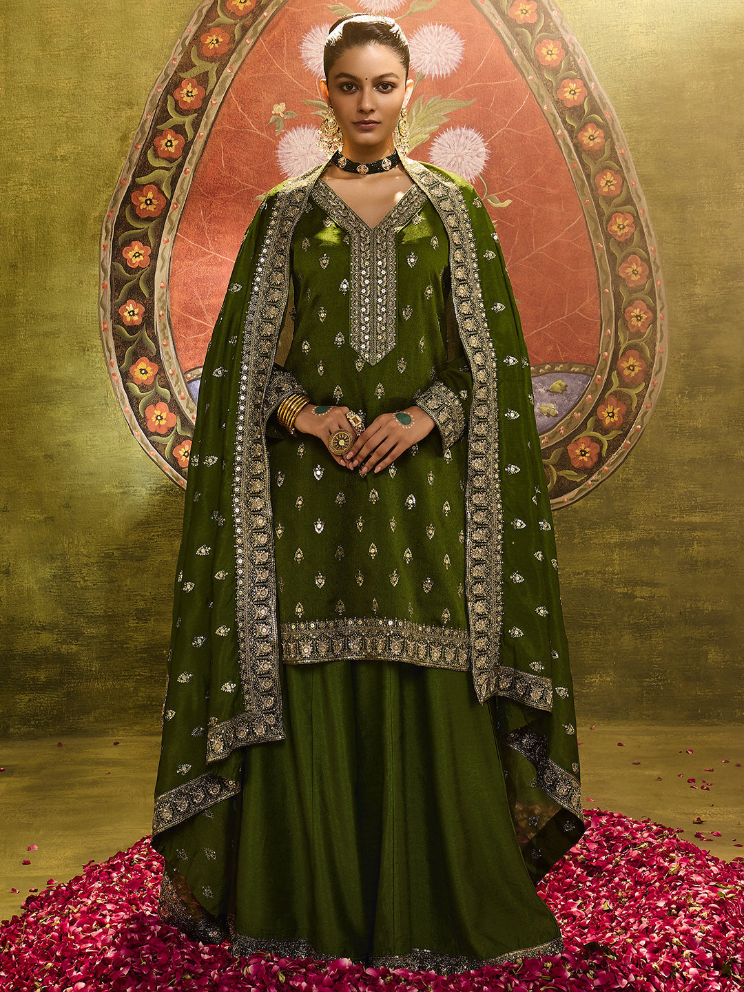 Libas Ira Olive Embroidered Silk Blend Straight Suit Set With Dupatta