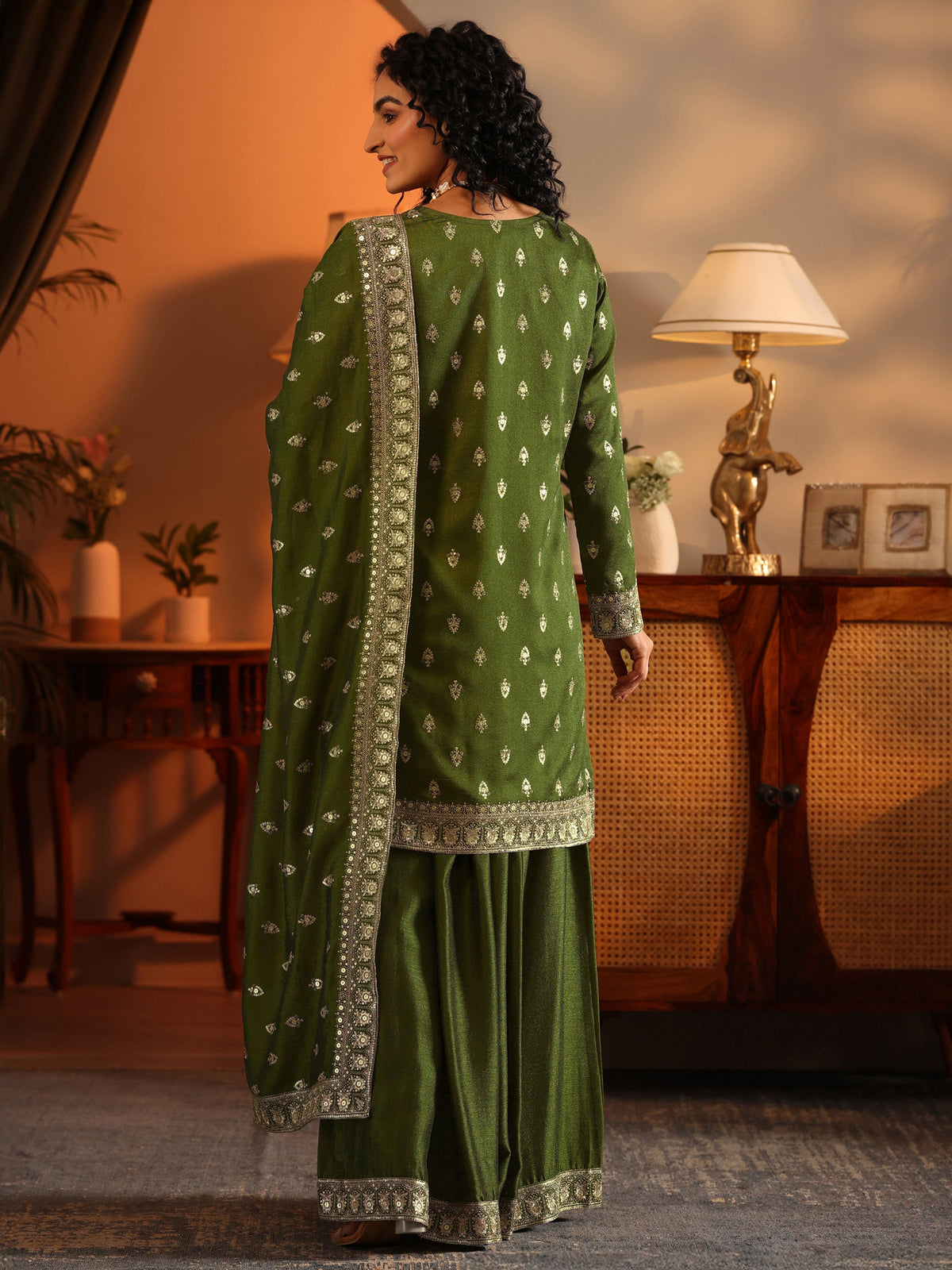 Libas Ira Olive Embroidered Silk Blend Straight Suit Set With Dupatta