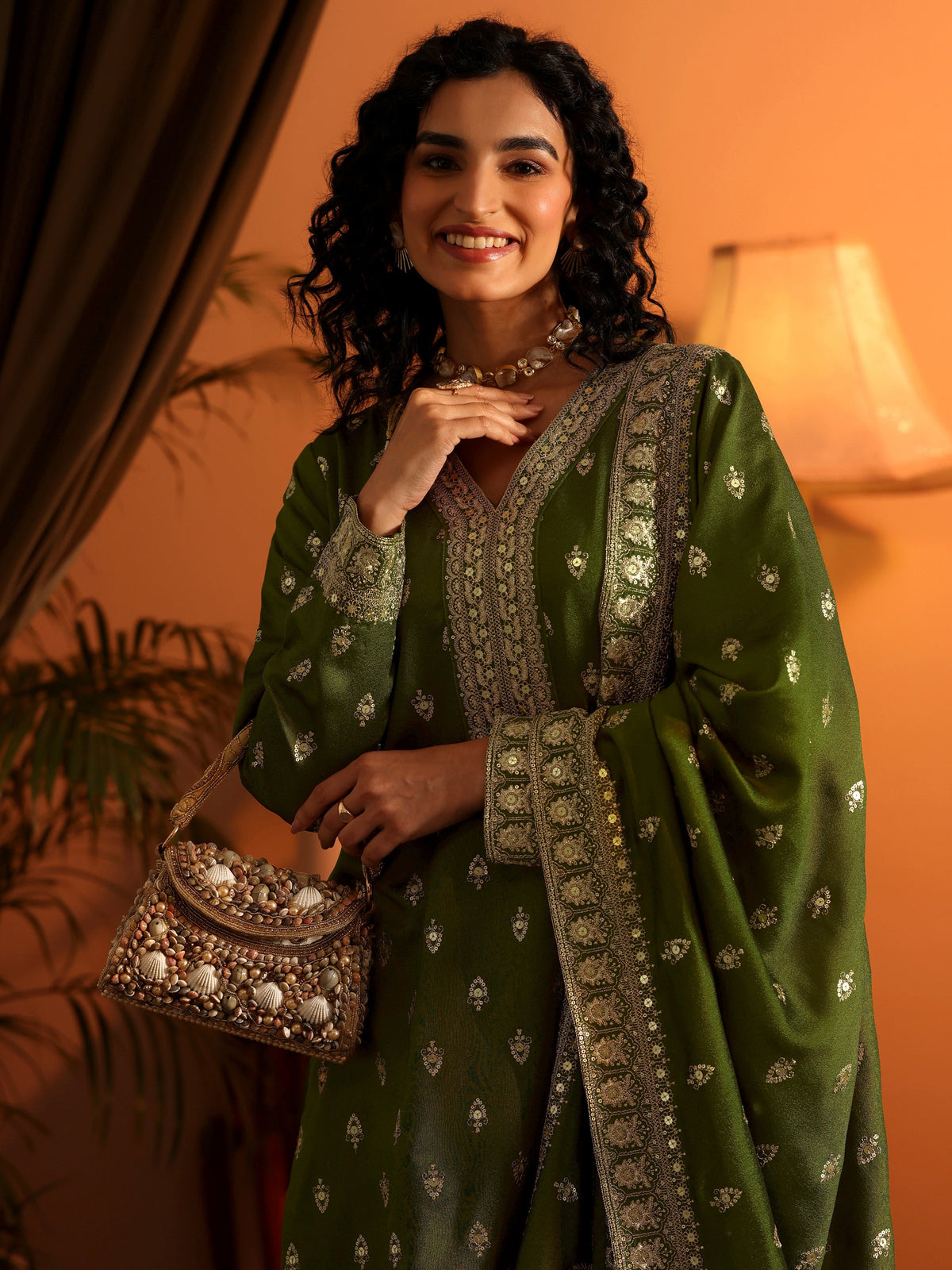 Libas Ira Olive Embroidered Silk Blend Straight Suit Set With Dupatta