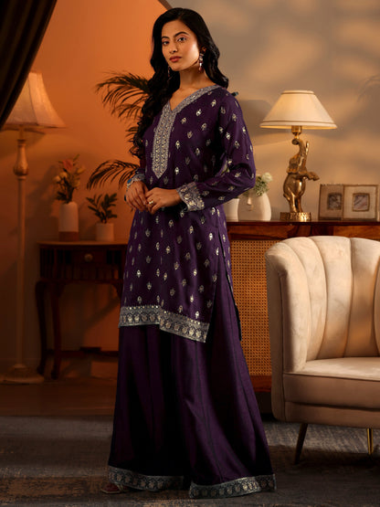 Libas Purple Embroidered Silk Blend Straight Suit Set With Dupatta