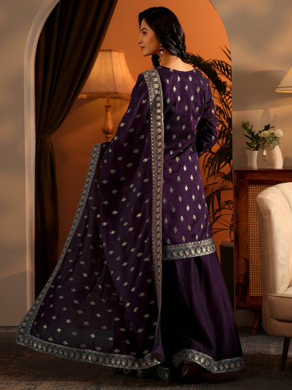 Libas Purple Embroidered Silk Blend Straight Suit Set With Dupatta