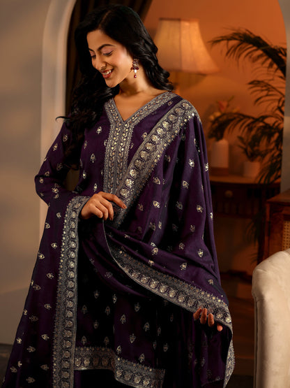 Libas Purple Embroidered Silk Blend Straight Suit Set With Dupatta