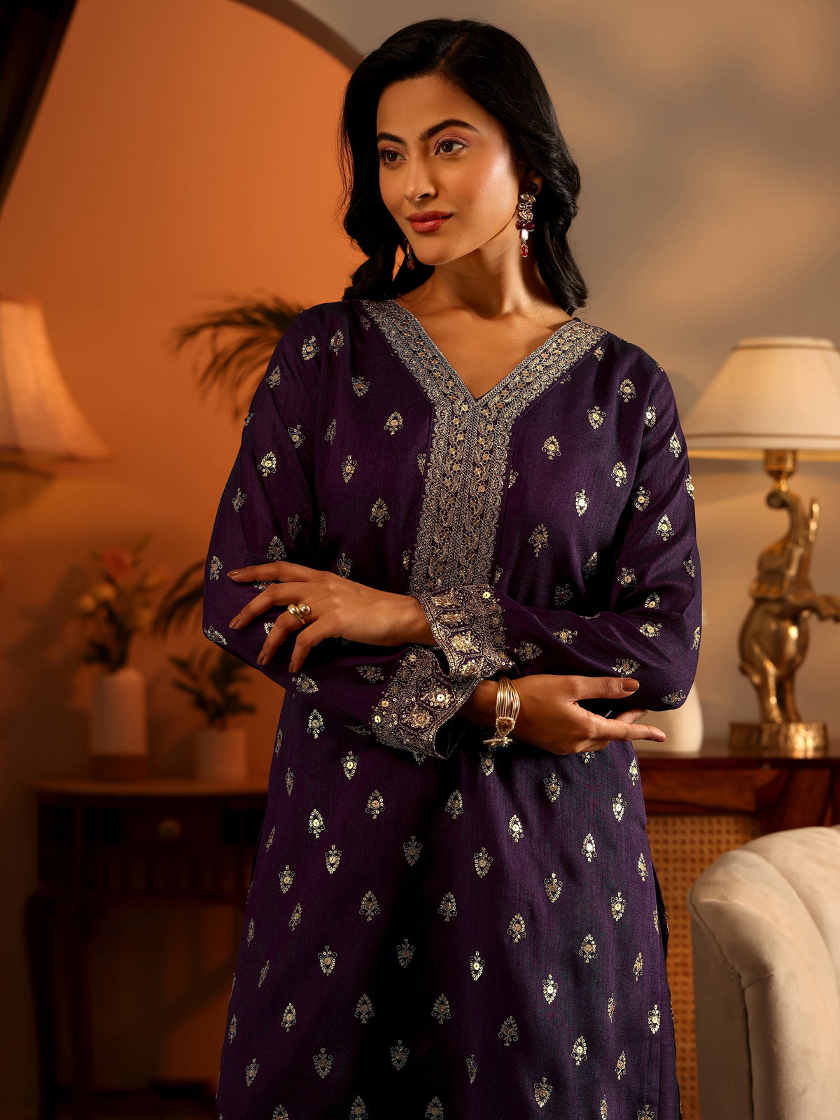 Libas Purple Embroidered Silk Blend Straight Suit Set With Dupatta