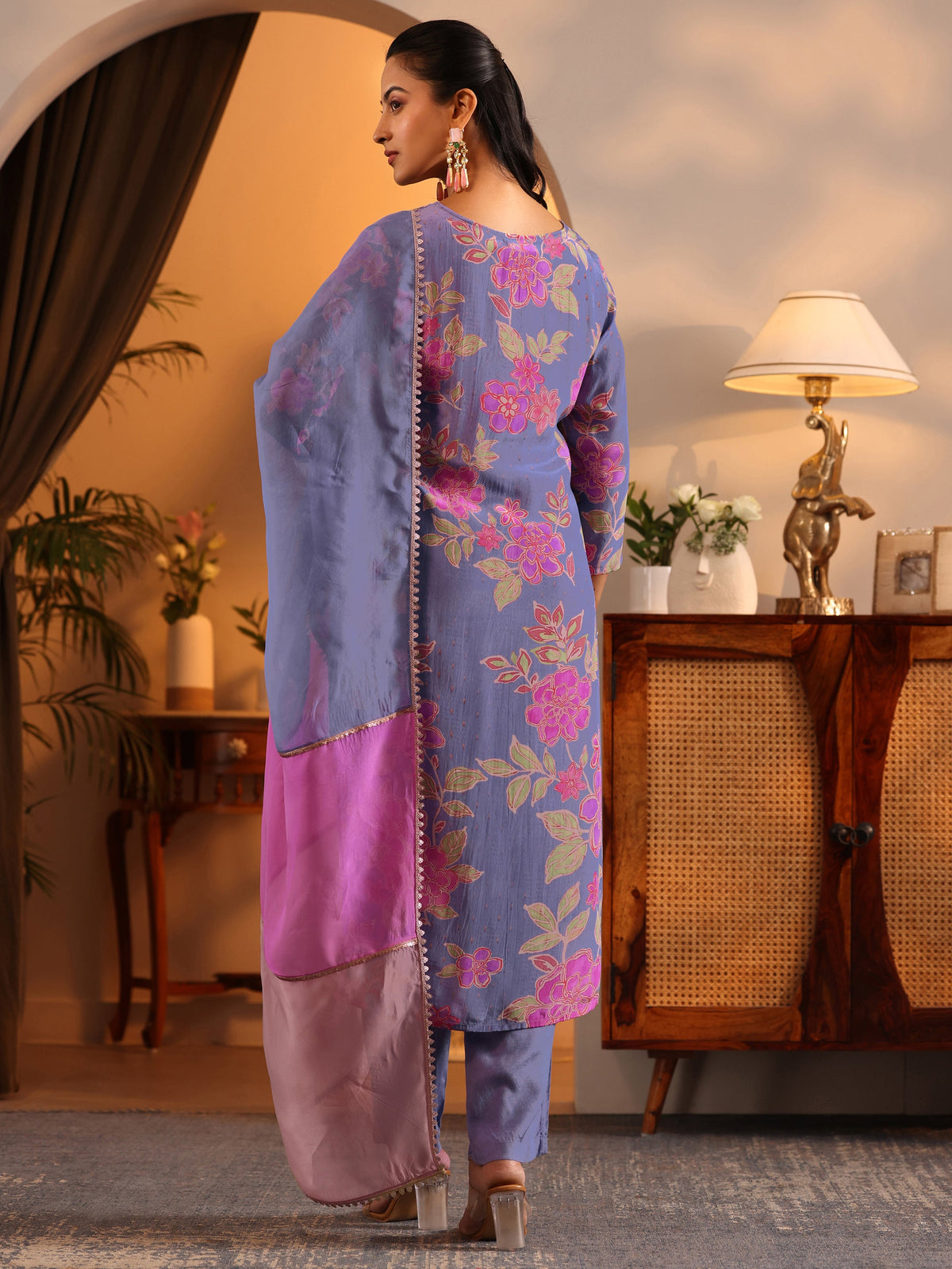 Libas Lavender Embellished Crepe Straight Suit Set With Dupatta
