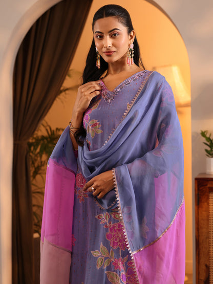 Libas Lavender Embellished Crepe Straight Suit Set With Dupatta