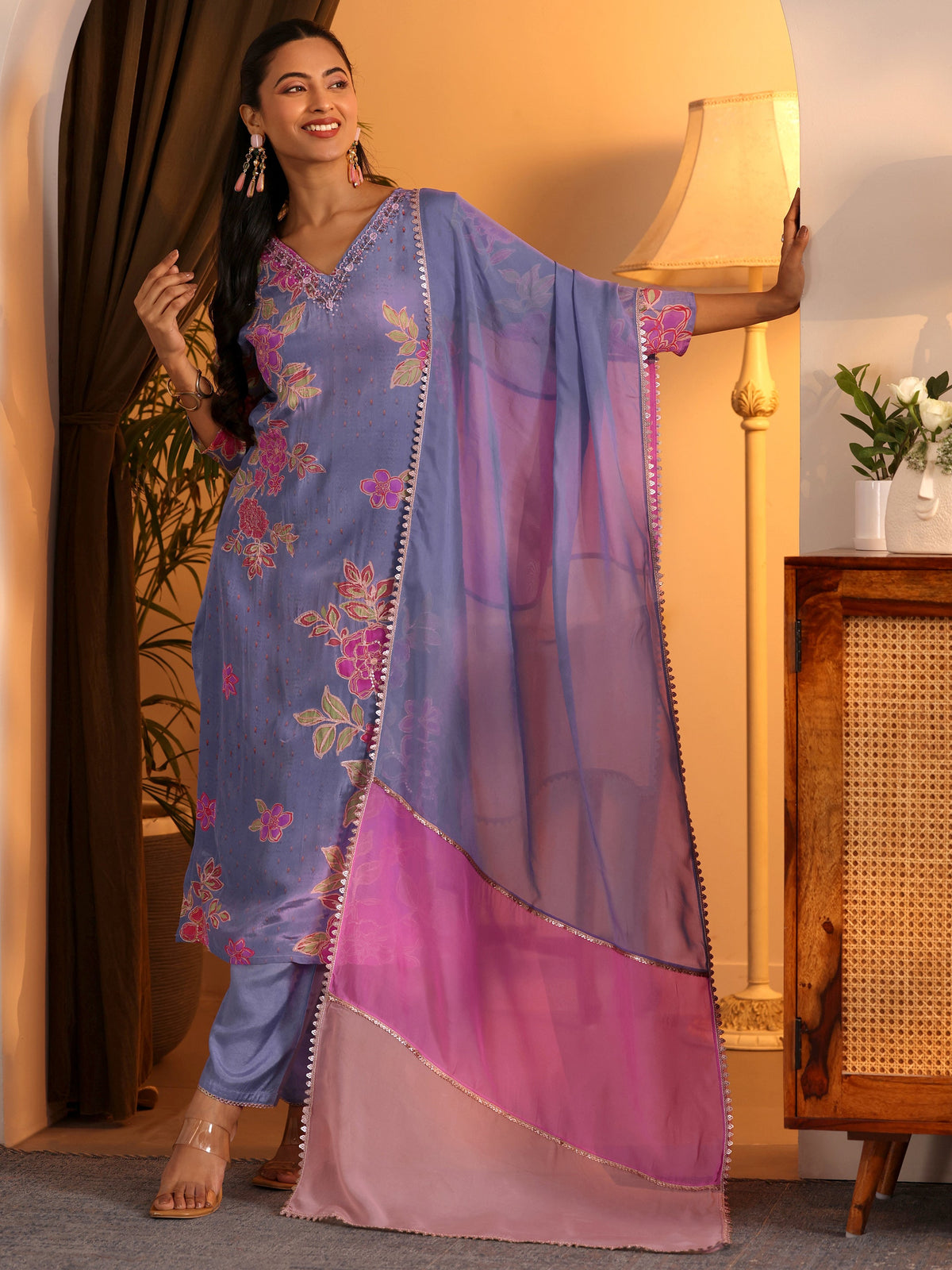 Libas Lavender Embellished Crepe Straight Suit Set With Dupatta