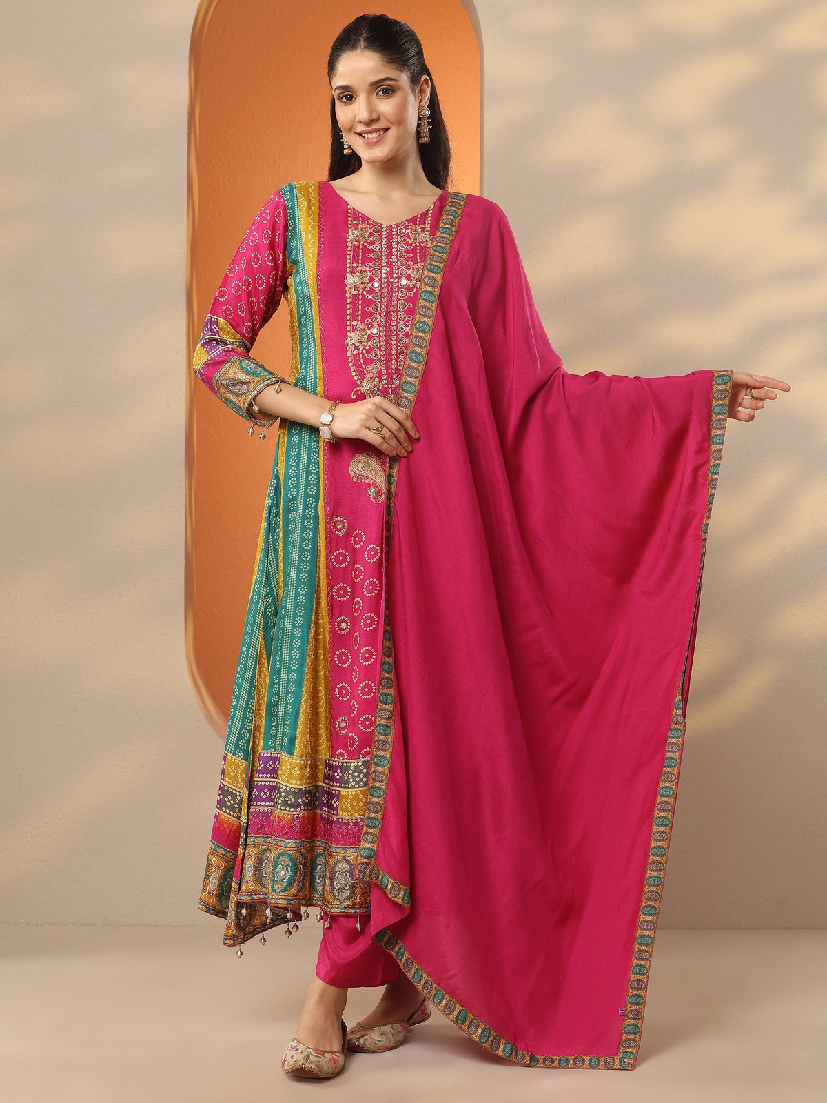 Libas Multi Bandhani Printed Silk Blend A-Line Suit Set With Dupatta