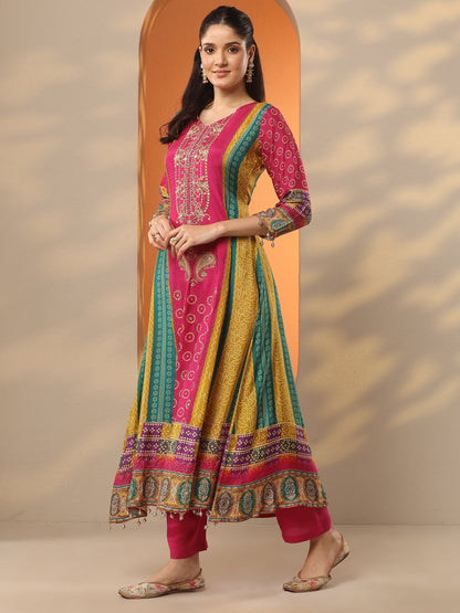 Libas Multi Bandhani Printed Silk Blend A-Line Suit Set With Dupatta
