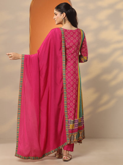 Libas Multi Bandhani Printed Silk Blend A-Line Suit Set With Dupatta