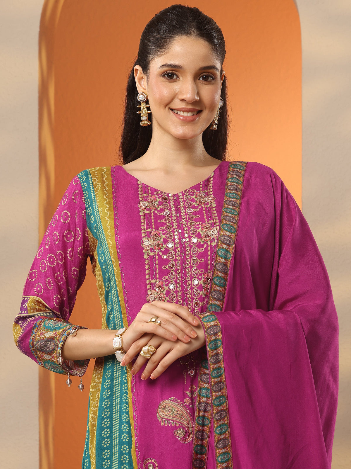 Libas Multi Bandhani Printed Silk Blend A-Line Suit Set With Dupatta